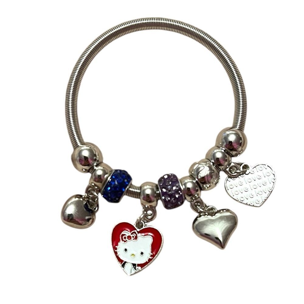 Hello Kitty Hearts Blue And Purple Rhinestone Silver Tone Kids’ Charm Br…